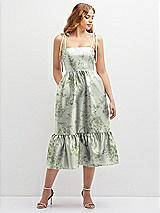 Front View Thumbnail - Sage Cottage Rose Floral Shirred Ruffle Hem Midi Dress with Self-Tie Spaghetti Straps and Pockets