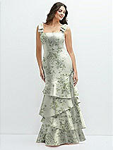 Front View Thumbnail - Sage Cottage Rose Floral Bow-Shoulder Satin Maxi Dress with Asymmetrical Tiered Skirt