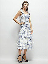 Alt View 2 Thumbnail - Cottage Rose Larkspur Floral Bow-Shoulder Satin Midi Dress with Asymmetrical Tiered Skirt