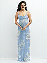 Front View Thumbnail - Larkspur Gold Foil Soft Cowl Neck Metallic Pleated Maxi Dress with Floral Gold Foil Print