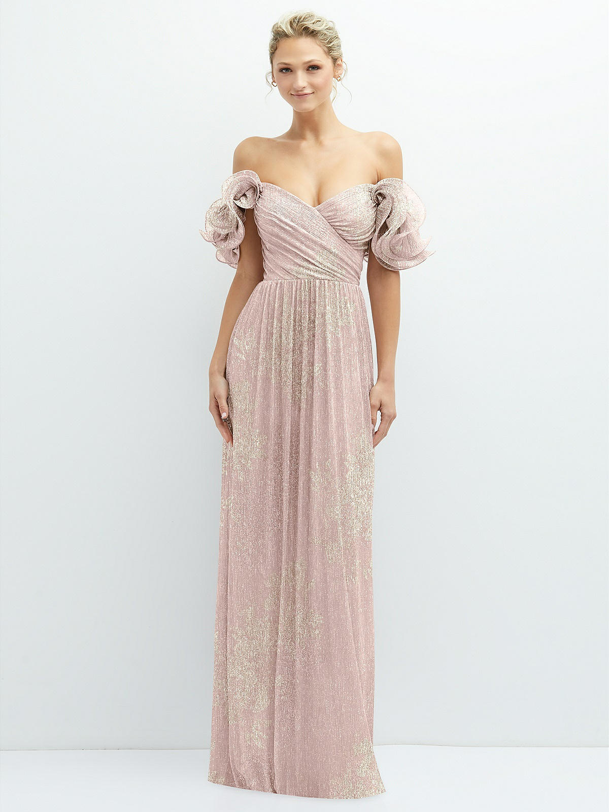 Dramatic Ruffle Edge Convertible Strap Metallic Pleated Maxi Dress with  Floral Gold Foil Print