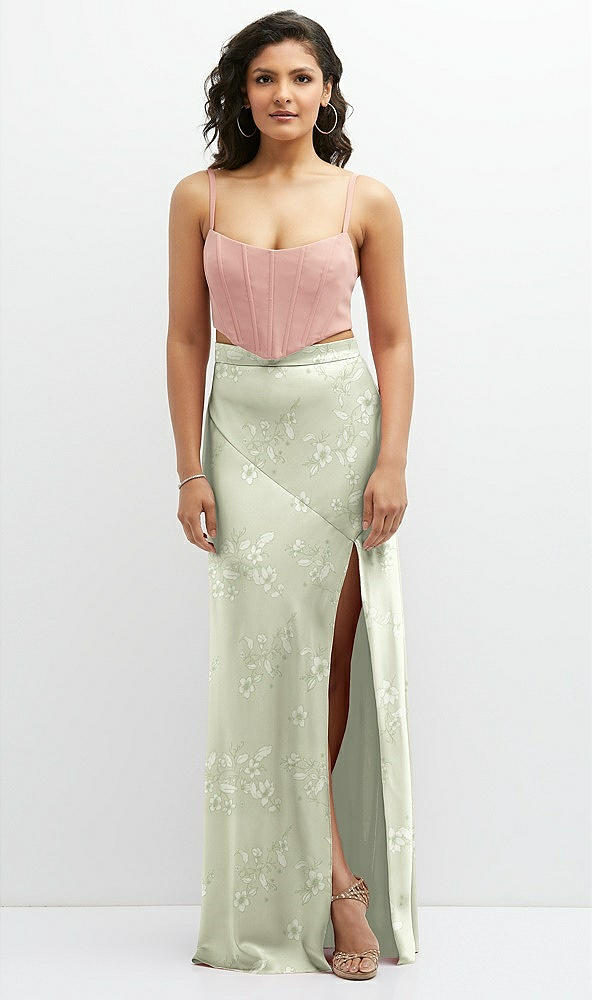 Front View - Vintage Primrose Celadon Floral Satin Mix-and-Match High Waist Seamed Bias Skirt