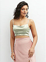 Front View Thumbnail - Vintage Primrose Celadon Floral Satin Mix-and-Match Draped Midriff Top