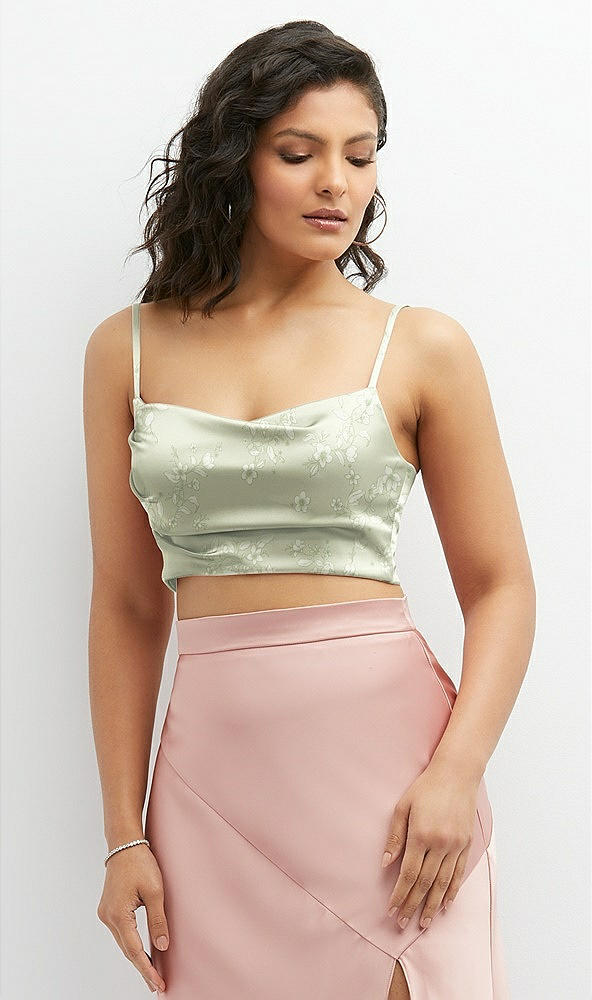 Front View - Vintage Primrose Celadon Floral Satin Mix-and-Match Draped Midriff Top