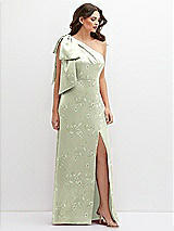 Front View Thumbnail - Vintage Primrose Celadon Floral One-Shoulder Satin Maxi Dress with Chic Oversized Shoulder Bow