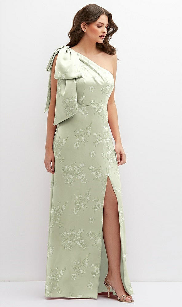 Front View - Vintage Primrose Celadon Floral One-Shoulder Satin Maxi Dress with Chic Oversized Shoulder Bow