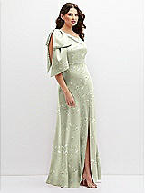 Side View Thumbnail - Vintage Primrose Celadon Floral One-Shoulder Satin Maxi Dress with Chic Oversized Shoulder Bow