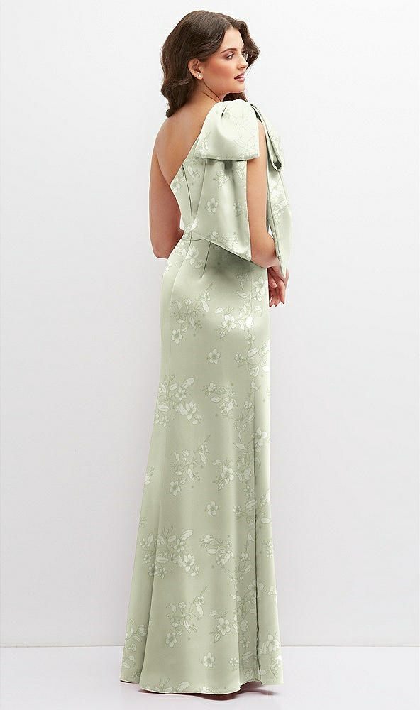 Back View - Vintage Primrose Celadon Floral One-Shoulder Satin Maxi Dress with Chic Oversized Shoulder Bow