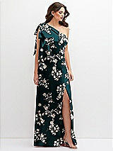 Front View Thumbnail - Vintage Primrose Evergreen Floral One-Shoulder Satin Maxi Dress with Chic Oversized Shoulder Bow