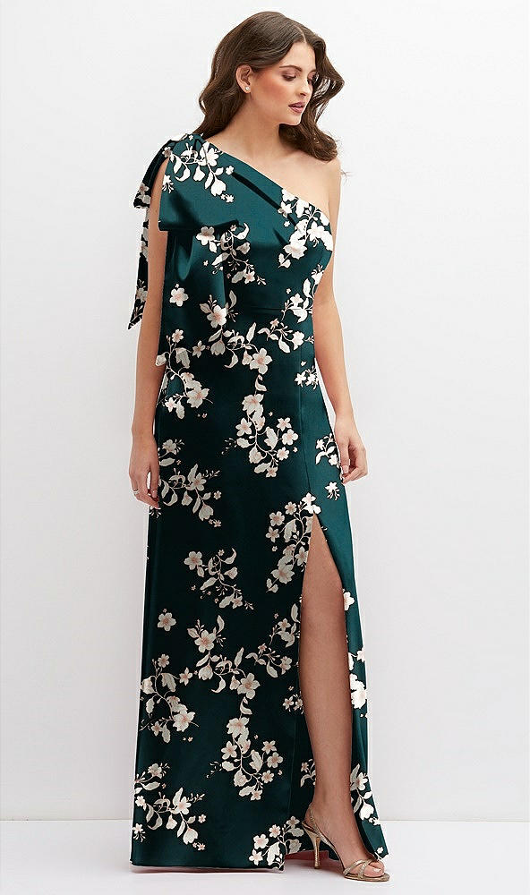 Front View - Vintage Primrose Evergreen Floral One-Shoulder Satin Maxi Dress with Chic Oversized Shoulder Bow