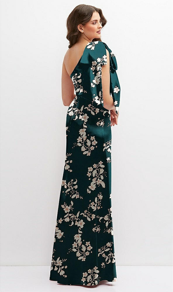 Back View - Vintage Primrose Evergreen Floral One-Shoulder Satin Maxi Dress with Chic Oversized Shoulder Bow