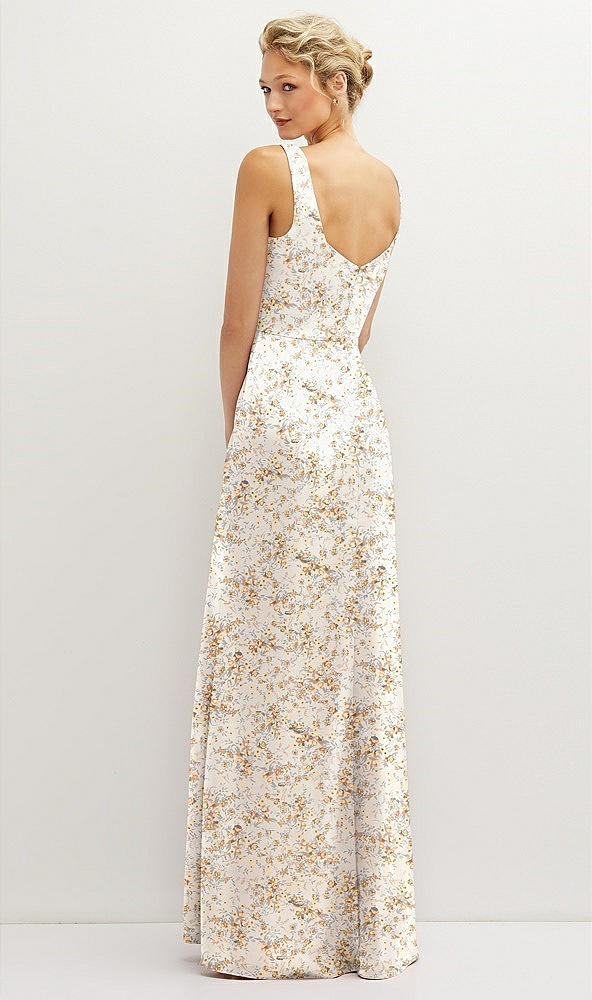 Back View - Golden Hour Floral Square-Neck Satin A-line Maxi Dress with Front Slit