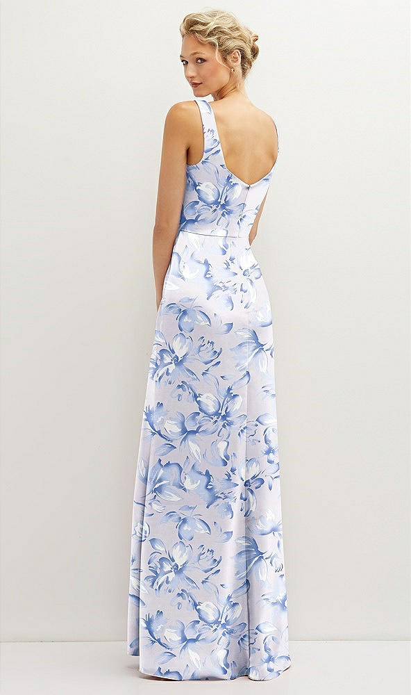 Back View - Magnolia Sky Floral Square-Neck Satin A-line Maxi Dress with Front Slit