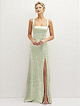 Front View Thumbnail - Vintage Primrose Celadon Floral Square-Neck Satin A-line Maxi Dress with Front Slit