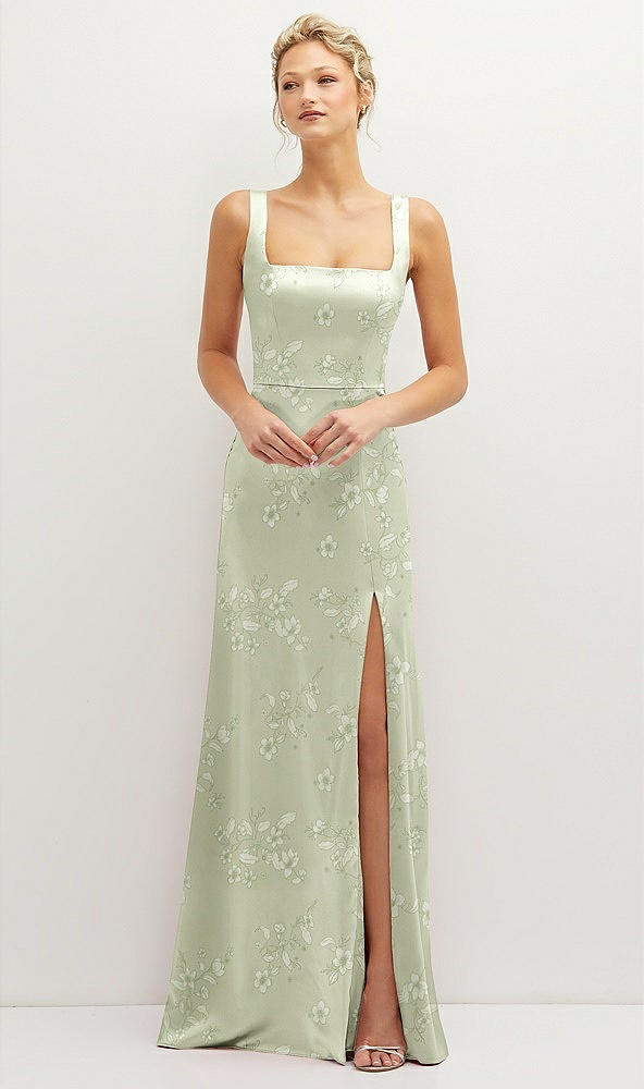 Front View - Vintage Primrose Celadon Floral Square-Neck Satin A-line Maxi Dress with Front Slit