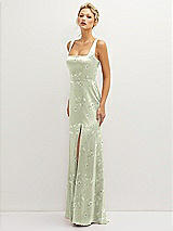 Side View Thumbnail - Vintage Primrose Celadon Floral Square-Neck Satin A-line Maxi Dress with Front Slit