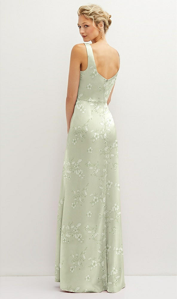 Back View - Vintage Primrose Celadon Floral Square-Neck Satin A-line Maxi Dress with Front Slit