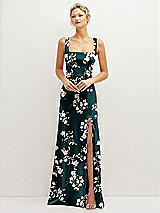 Front View Thumbnail - Vintage Primrose Evergreen Floral Square-Neck Satin A-line Maxi Dress with Front Slit