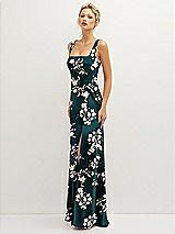 Side View Thumbnail - Vintage Primrose Evergreen Floral Square-Neck Satin A-line Maxi Dress with Front Slit