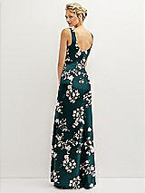 Rear View Thumbnail - Vintage Primrose Evergreen Floral Square-Neck Satin A-line Maxi Dress with Front Slit