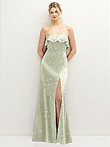 Front View Thumbnail - Vintage Primrose Celadon Floral Soft Ruffle Cuff Strapless Trumpet Dress with Front Slit