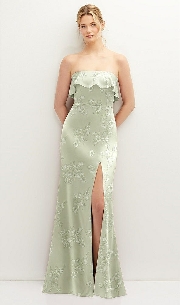 Front View - Vintage Primrose Celadon Floral Soft Ruffle Cuff Strapless Trumpet Dress with Front Slit