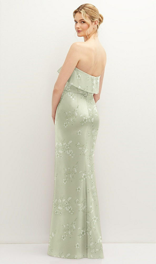 Back View - Vintage Primrose Celadon Floral Soft Ruffle Cuff Strapless Trumpet Dress with Front Slit