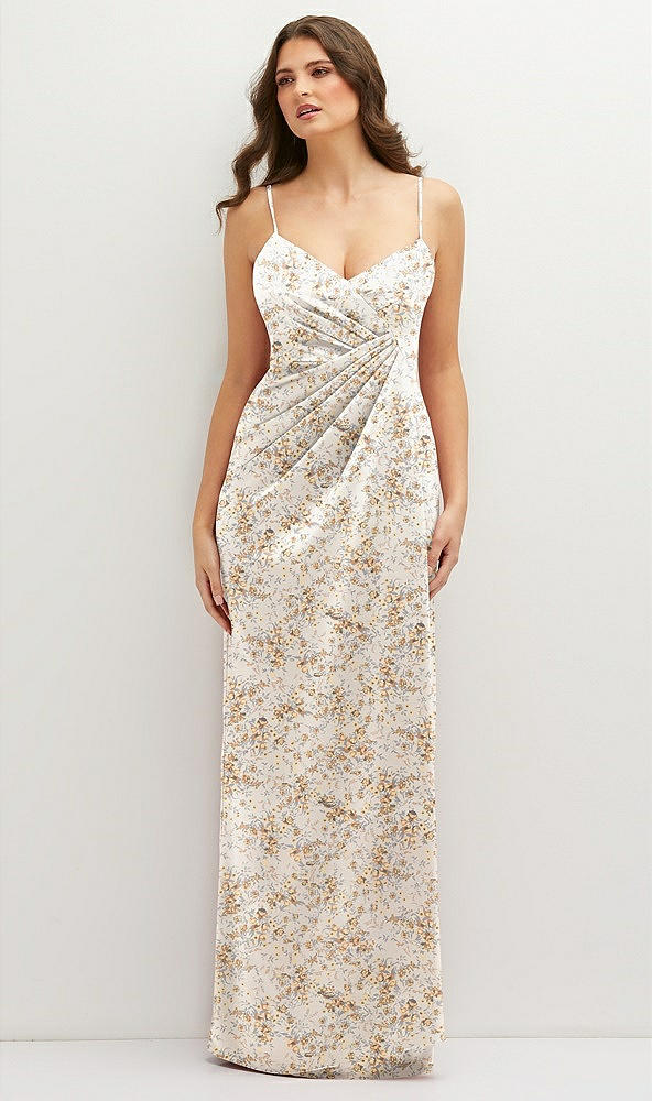 Front View - Golden Hour Floral Asymmetrical Draped Pleat Wrap Satin Maxi Dress