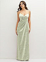 Front View Thumbnail - Vintage Primrose Celadon Floral Asymmetrical Draped Pleat Wrap Satin Maxi Dress