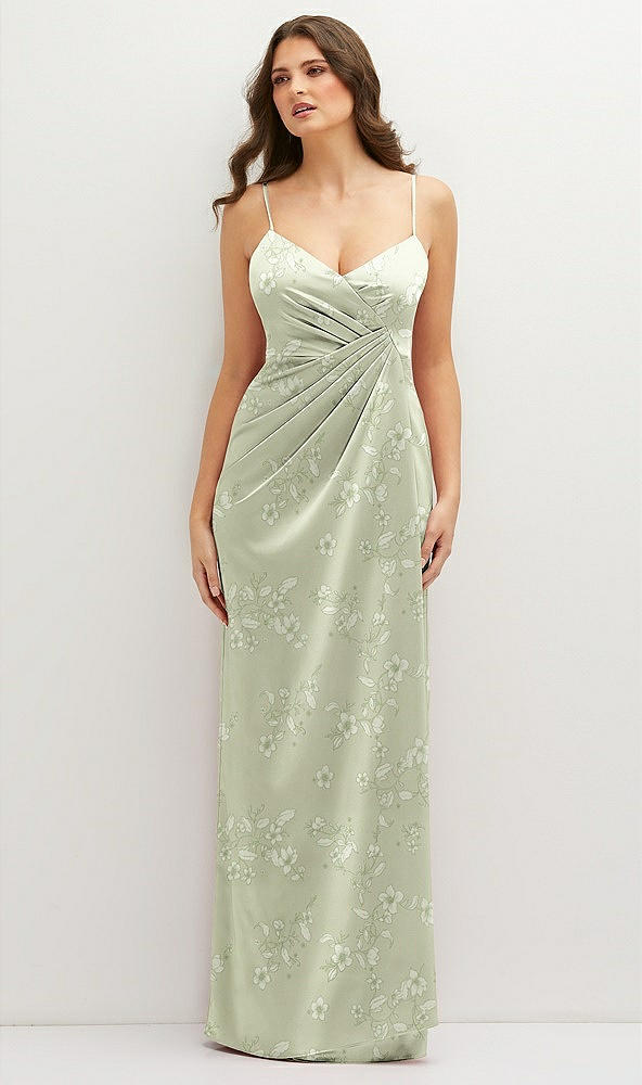 Front View - Vintage Primrose Celadon Floral Asymmetrical Draped Pleat Wrap Satin Maxi Dress