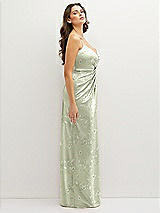 Side View Thumbnail - Vintage Primrose Celadon Floral Asymmetrical Draped Pleat Wrap Satin Maxi Dress