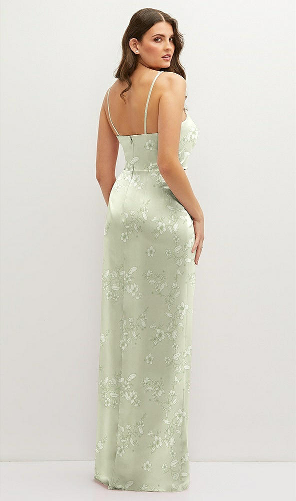 Back View - Vintage Primrose Celadon Floral Asymmetrical Draped Pleat Wrap Satin Maxi Dress