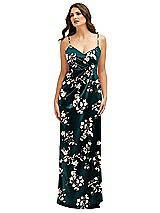 Front View Thumbnail - Vintage Primrose Evergreen Floral Asymmetrical Draped Pleat Wrap Satin Maxi Dress