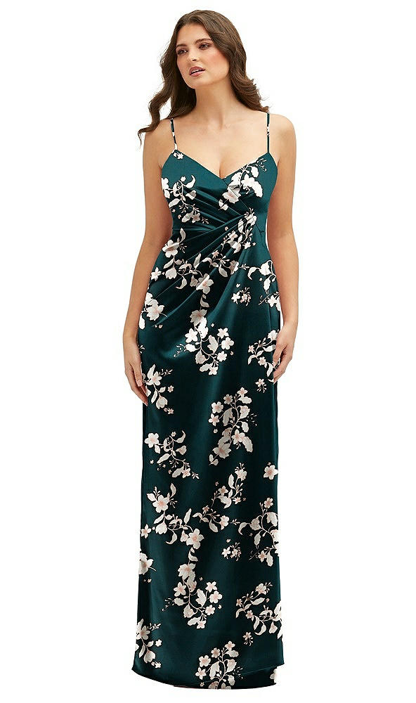 Front View - Vintage Primrose Evergreen Floral Asymmetrical Draped Pleat Wrap Satin Maxi Dress