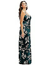 Side View Thumbnail - Vintage Primrose Evergreen Floral Asymmetrical Draped Pleat Wrap Satin Maxi Dress