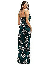 Rear View Thumbnail - Vintage Primrose Evergreen Floral Asymmetrical Draped Pleat Wrap Satin Maxi Dress