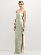 Alt View 1 Thumbnail - Vintage Primrose Celadon Strapless Pull-On Floral Satin Column Dress with Side Seam Slit