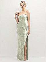 Front View Thumbnail - Vintage Primrose Celadon Strapless Pull-On Floral Satin Column Dress with Side Seam Slit