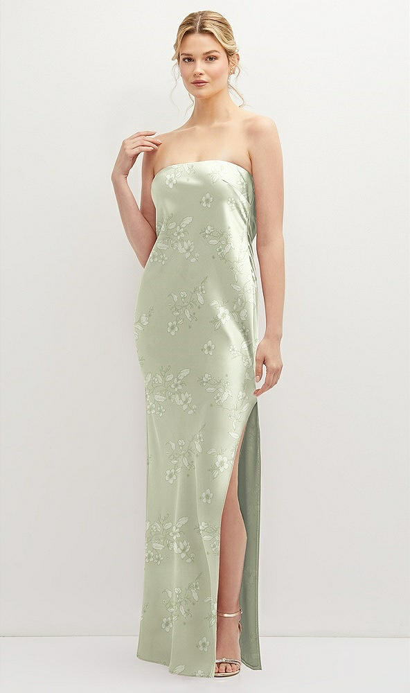 Front View - Vintage Primrose Celadon Strapless Pull-On Floral Satin Column Dress with Side Seam Slit