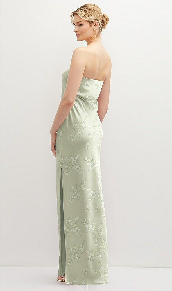 Back View - Vintage Primrose Celadon Strapless Pull-On Floral Satin Column Dress with Side Seam Slit