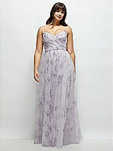 Front View Thumbnail - Lilac Haze Garden Floral Ruched Wrap Bodice Tulle Dress with Long Full Skirt