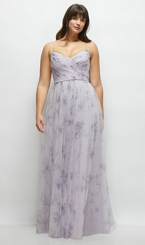 Front View - Lilac Haze Garden Floral Ruched Wrap Bodice Tulle Dress with Long Full Skirt