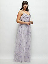 Side View Thumbnail - Lilac Haze Garden Floral Ruched Wrap Bodice Tulle Dress with Long Full Skirt