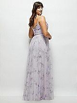 Rear View Thumbnail - Lilac Haze Garden Floral Ruched Wrap Bodice Tulle Dress with Long Full Skirt