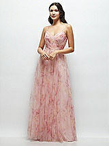 Front View Thumbnail - Rose Garden Floral Ruched Wrap Bodice Tulle Dress with Long Full Skirt