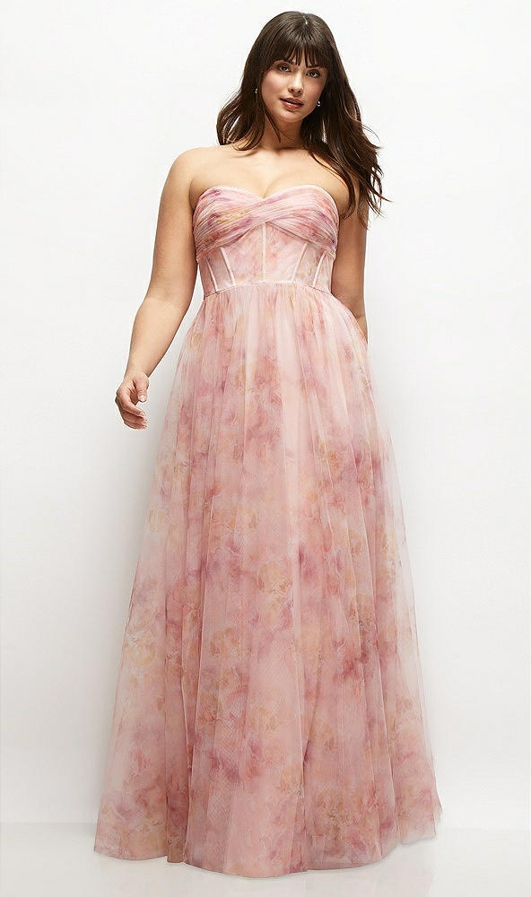 Front View - Rose Garden Floral Strapless Twist Cup Corset Tulle Dress with Long Full Skirt