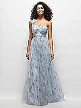 Front View Thumbnail - Mist Garden Floral Scarf Tie One-Shoulder Tulle Dress with Long Full Skirt