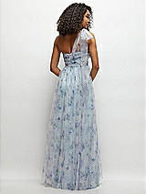 Rear View Thumbnail - Mist Garden Floral Scarf Tie One-Shoulder Tulle Dress with Long Full Skirt