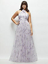 Front View Thumbnail - Lilac Haze Garden Floral Tie-Back Halter Tulle Dress with Long Full Skirt & Rosette Detail