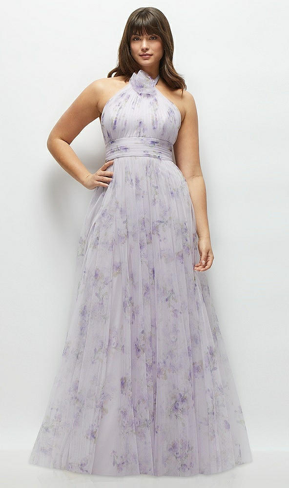 Front View - Lilac Haze Garden Floral Tie-Back Halter Tulle Dress with Long Full Skirt & Rosette Detail